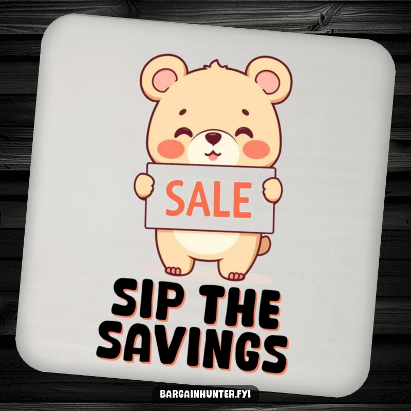 Funny coaster featuring a cheerful bear cub holding and waving a sale sign.