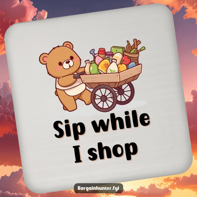 Funny coaster: a happy bear pushes a cart overflowing with goods, protecting surfaces humorously.