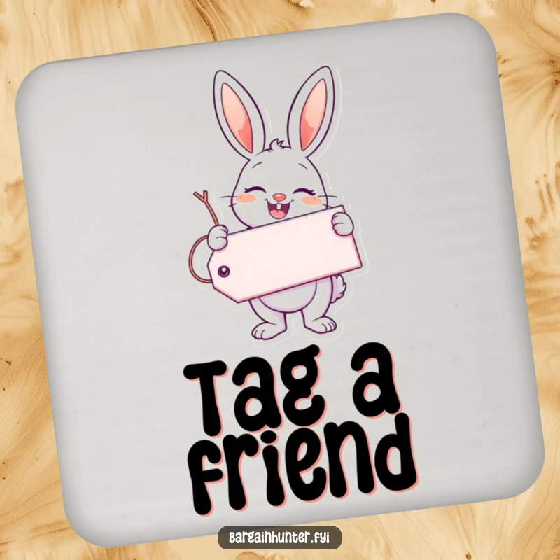 Funny Enthusiastic Bunny Coaster featuring a bunny holding a giant tag with a smile, adding cheerful protection.