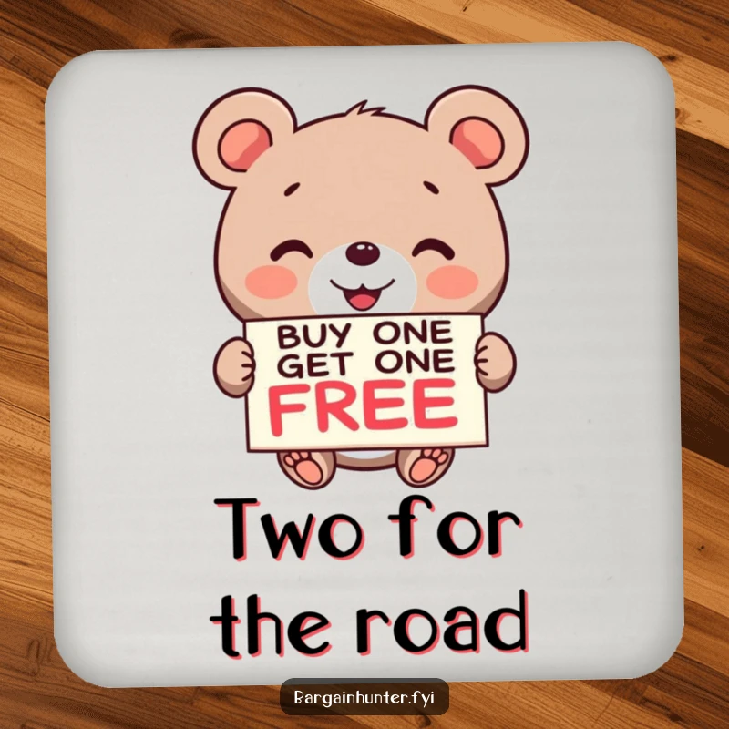 Funny Bear BOGO Coaster: A cheerful bear holds a buy one get one free sign, protecting surfaces with humor.