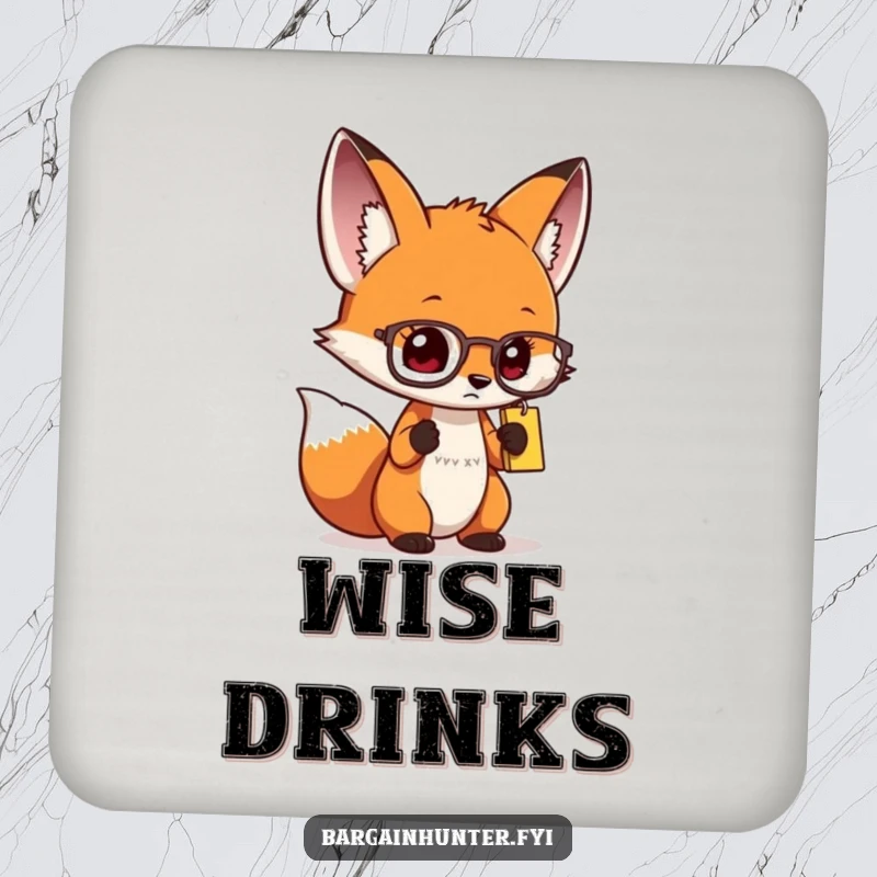 Funny curious fox drink coaster with spectacles and a price tag, adding intelligent humor to your tables.