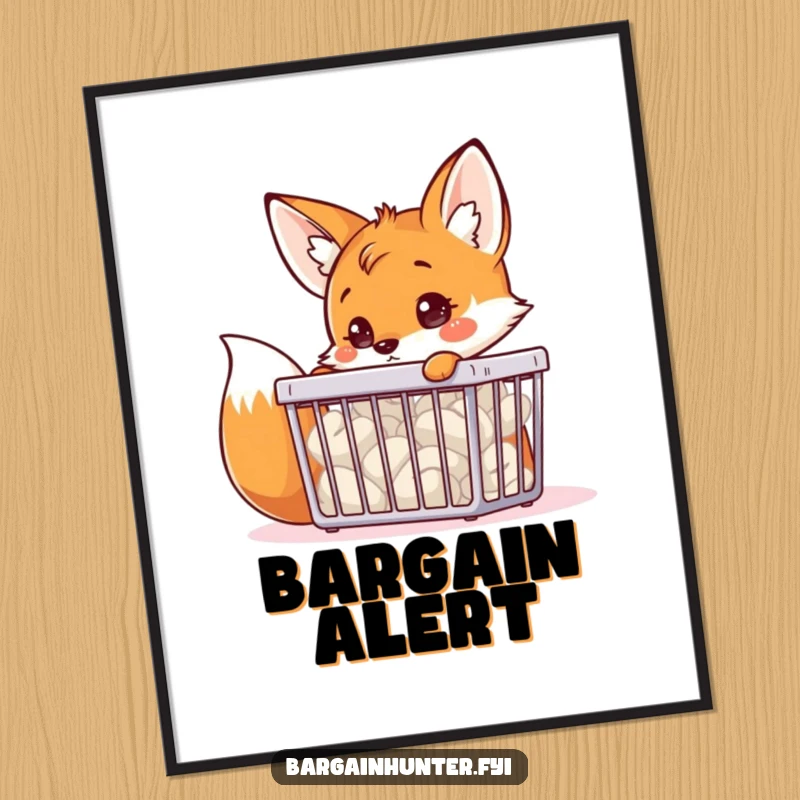 A funny fox curiously peering into a bargain bin, presented as a witty and funny poster.