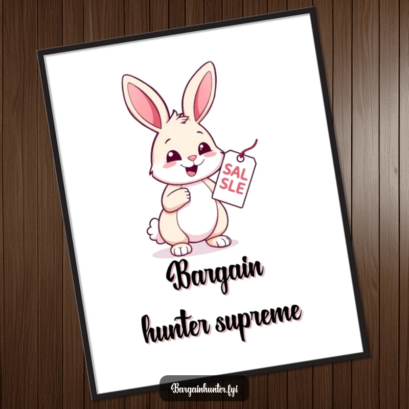 Funny Rabbit Poster: A cheerful rabbit examines a sale tag with pure glee. Humorous wall art for bargain lovers.