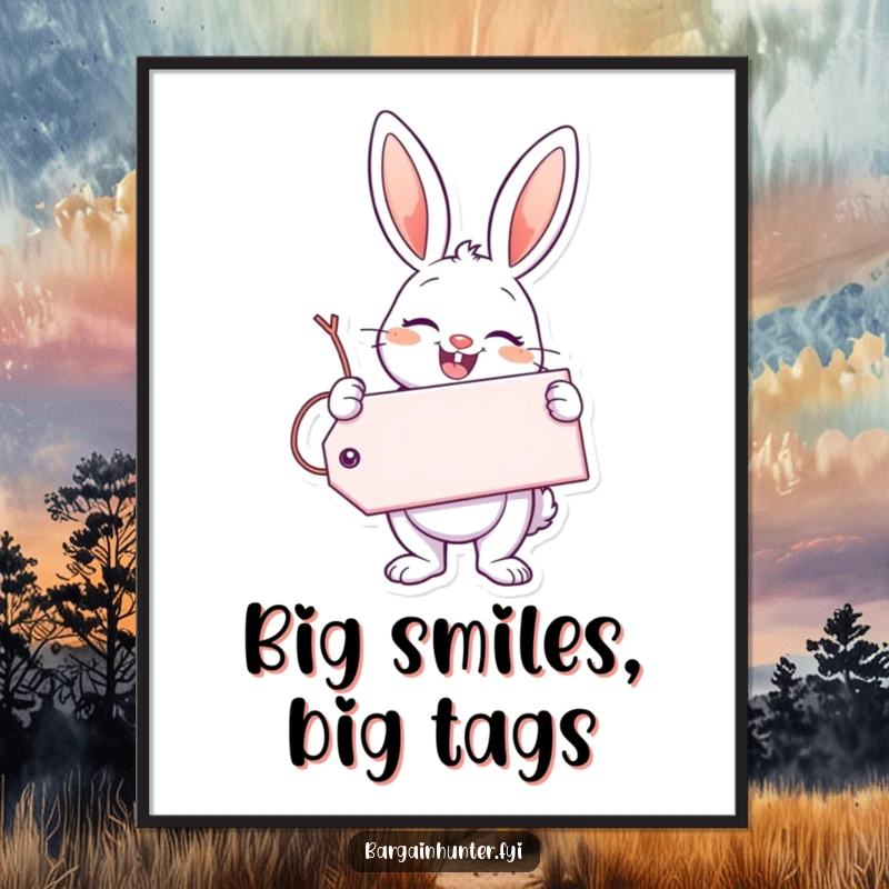 Funny Enthusiastic Bunny Poster featuring a happy bunny holding a giant smile-filled tag, perfect for cheerful wall decor.