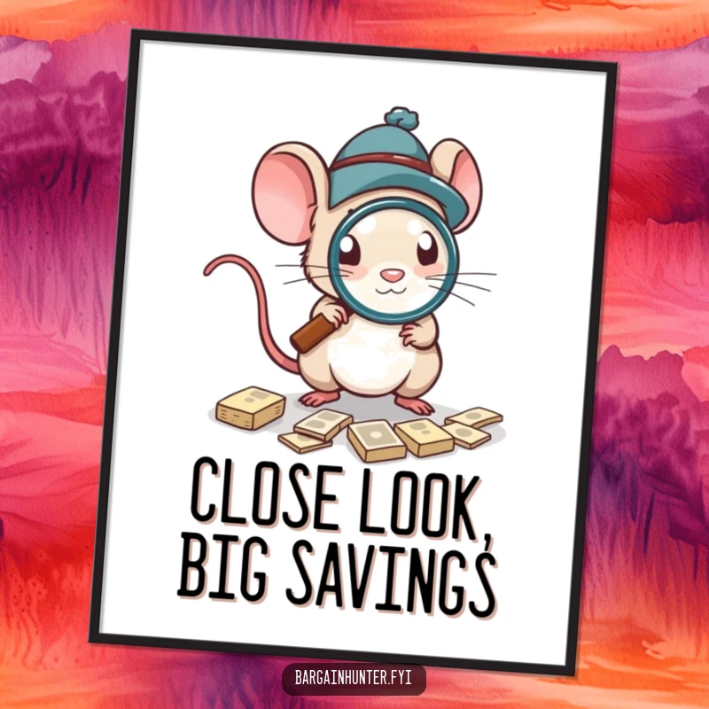 Funny Poster of a mouse in a hat meticulously searching for deals with a magnifying glass.