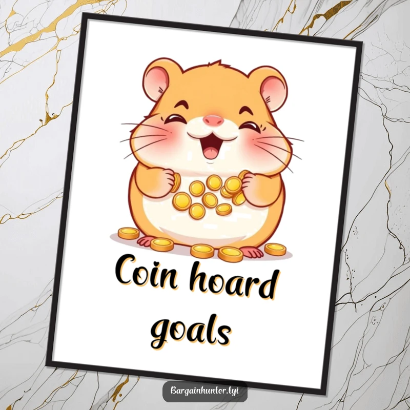 Funny Hamster Poster: Happy hamster with full cheeks, gathering tiny gold coins, adding motivational humor to decor.