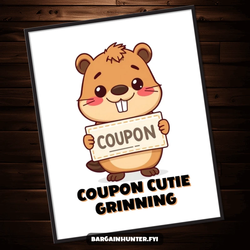 Funny happy beaver character holding a coupon with a grin, presented as cheerful and humorous wall art.