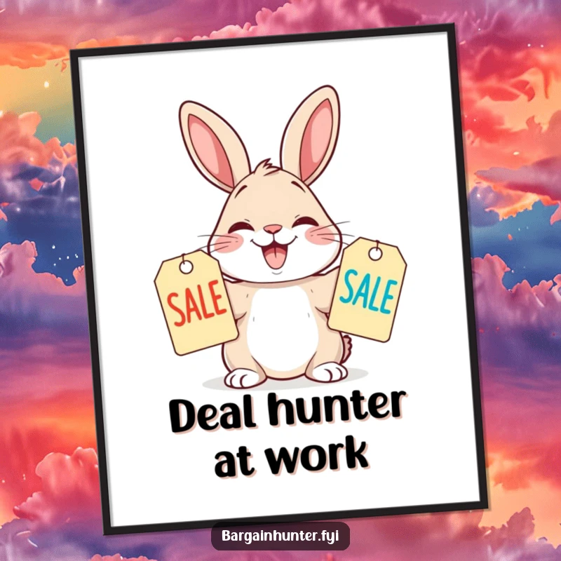 Funny Poster of a rabbit intensely comparing two sale tags with a huge grin, capturing shopping excitement.