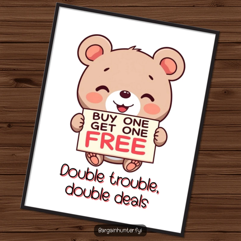 Funny Bear BOGO Poster: A smiling bear proudly holds a buy one get one free sign, adding humor to any wall.