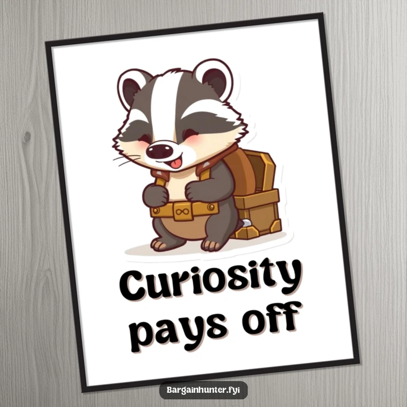 Funny badger poster showing a curious badger wearing a backpack, excitedly peering into a treasure chest.