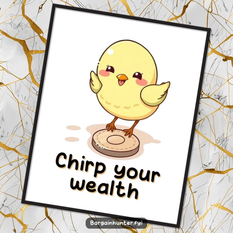 Funny bird poster art of a small, happy bird focused on pecking a dropped coin, bringing cheerful vibes to any wall.