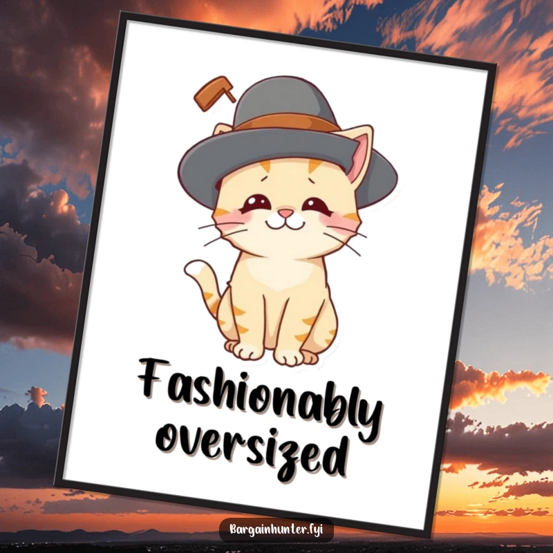 Funny cat poster depicting a playful cat character looking amused while trying on a ridiculously large hat, adding humor to walls.