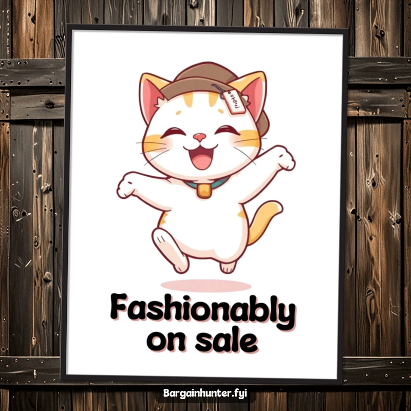Funny poster art of a delighted cat wearing a price tag hat, performing an energetic leap.