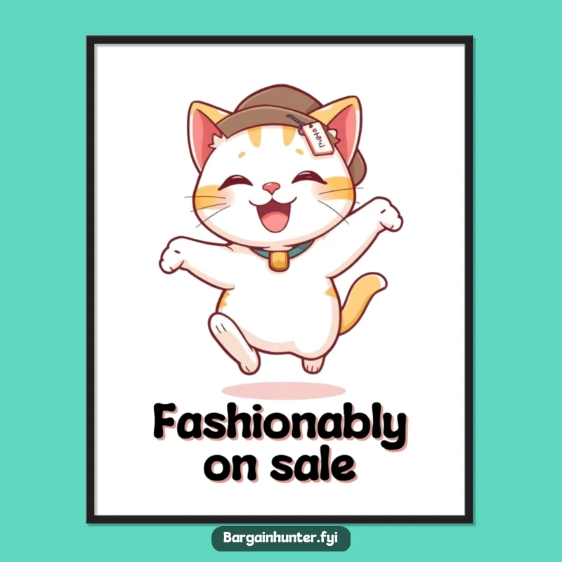 Funny Cat Leap Poster: Delighted Feline in Hat with Price Tag - Wall Art