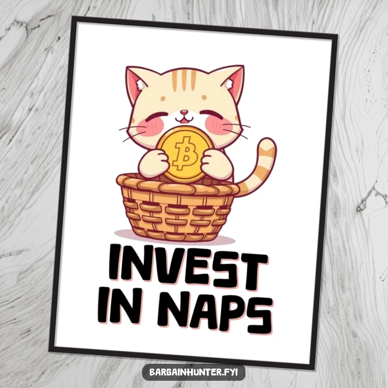 Funny poster: a determined cat dives with a massive coin towards a basket of treasure.