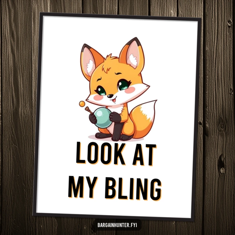 Funny Fox Treasure Poster: A proud fox beams while holding a glittering shiny object, celebrating its successful hunt.