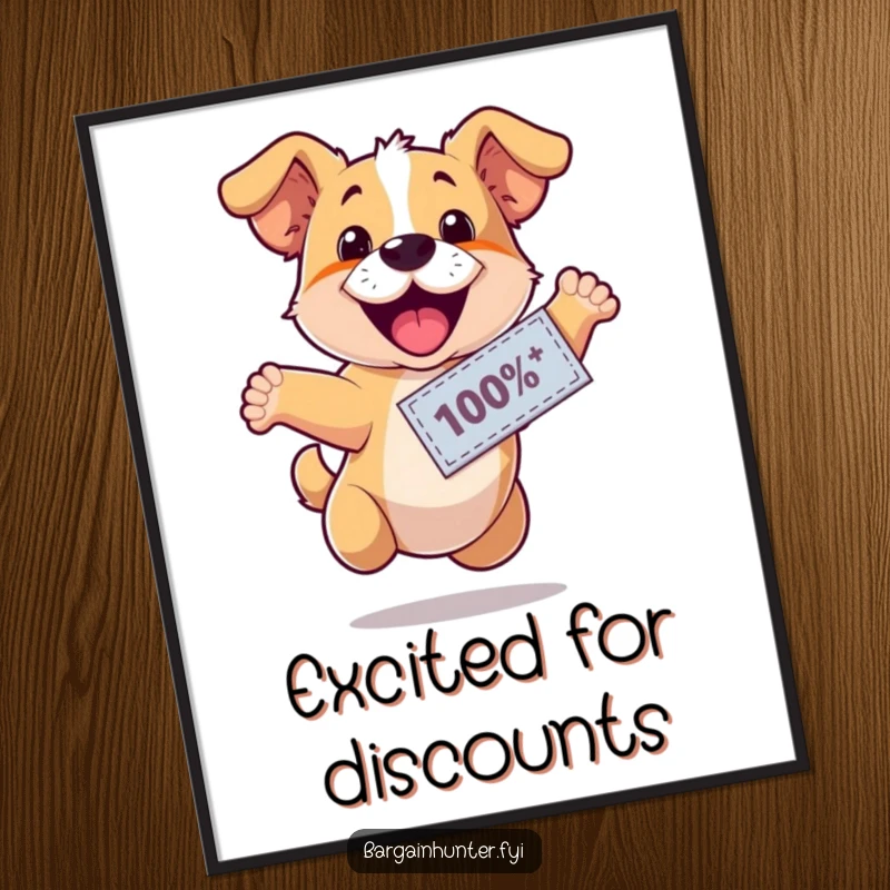 Funny, happy dog wearing a discount coupon, leaping with excitement, displayed as joyful wall art on a poster, adding cheer.