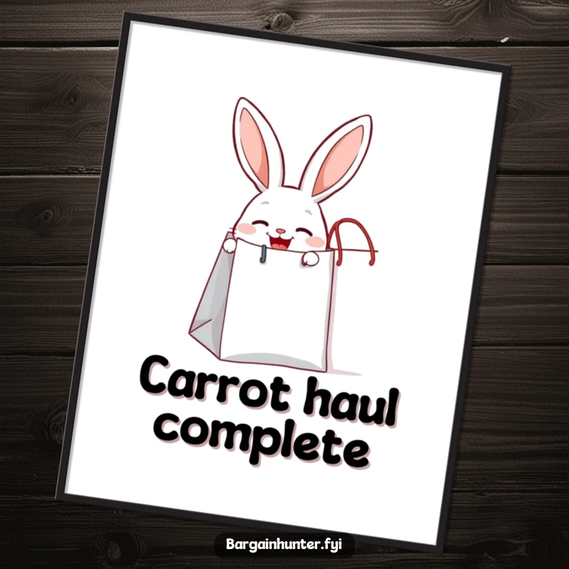 Funny joyful rabbit peeking out from a giant shopping bag, a whimsical poster for charming decor.