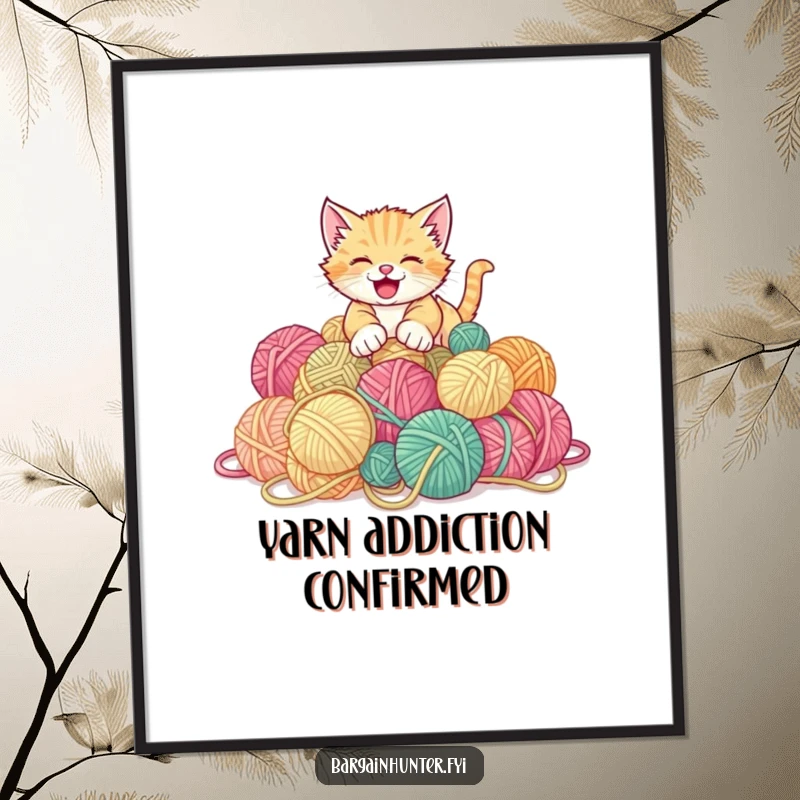 Funny kitten poster showing a gleeful kitten pouncing on a large pile of discounted yarn balls.