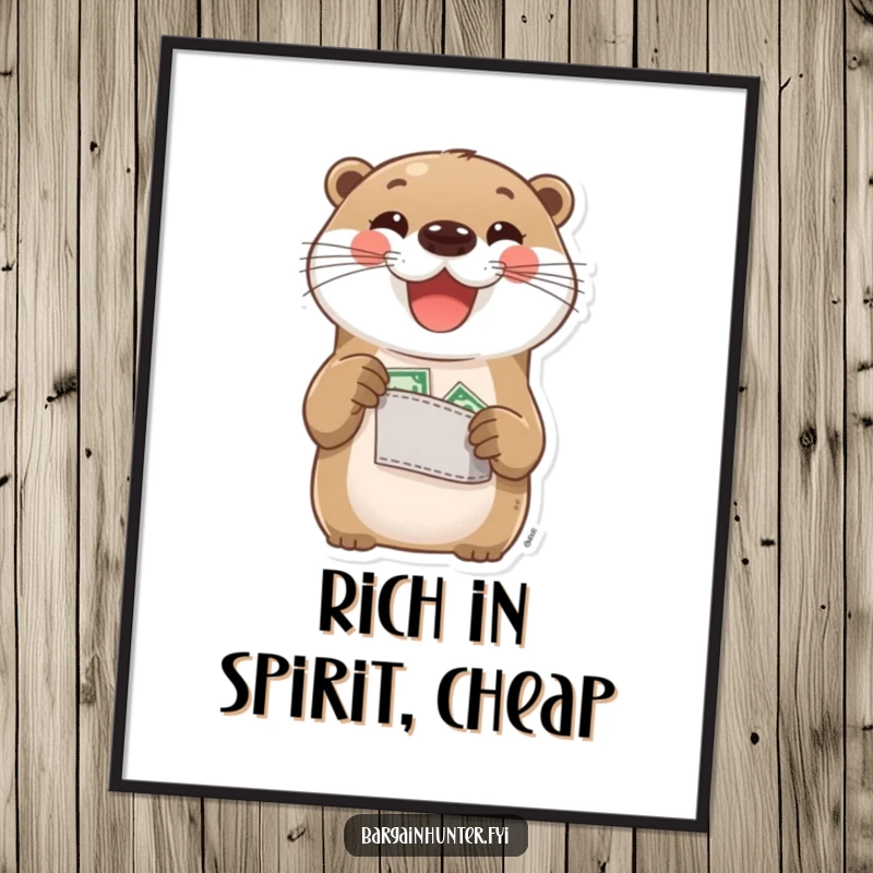 Funny Otter Poster: A delighted otter proudly displays its pocket change. Humorous wall art for savers and lovers of cute animals.