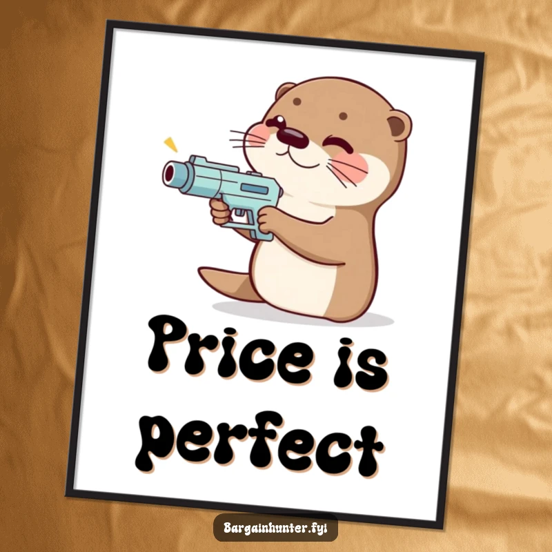 Funny giggling otter poster showing an otter with a price gun, aiming it with a mischievous, deal-seeking glint.