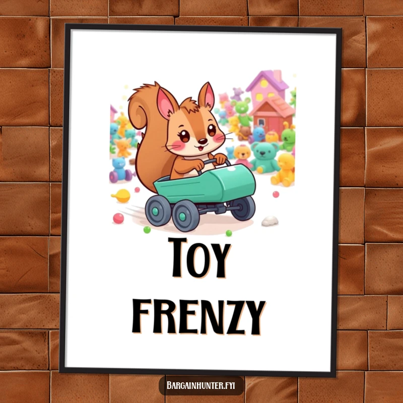 Funny playful squirrel poster depicting a character with a tiny cart racing through a field of colorful toys, full of motion.