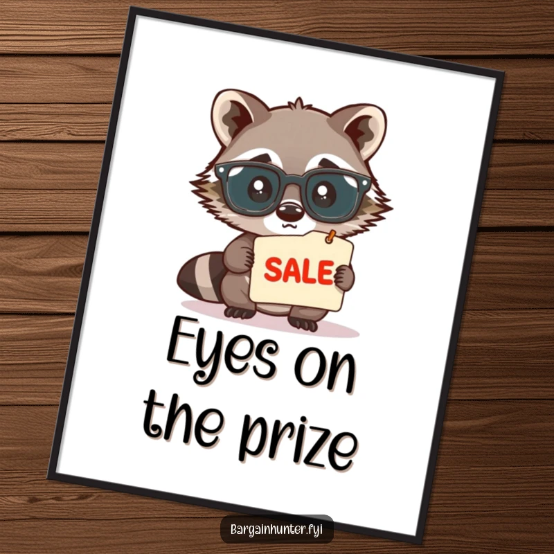 Funny, cute raccoon wearing large spectacles, peering intently at a sale tag, displayed as humorous wall art on a poster, adding wit.
