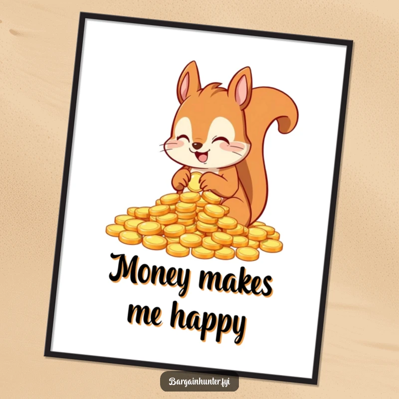 Funny poster of an excited squirrel character counting a pile of shiny coins, celebrating financial abundance.