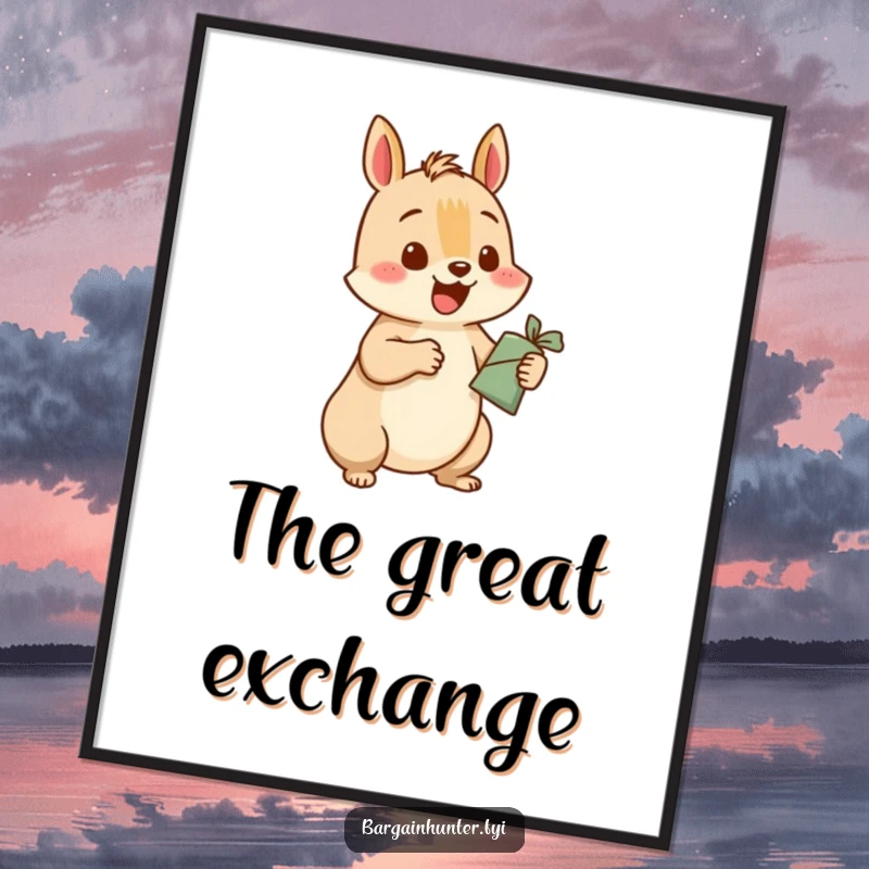 Funny squirrel poster depicting a happy squirrel character excitedly swapping a small item for a larger one, adding humor to any room.