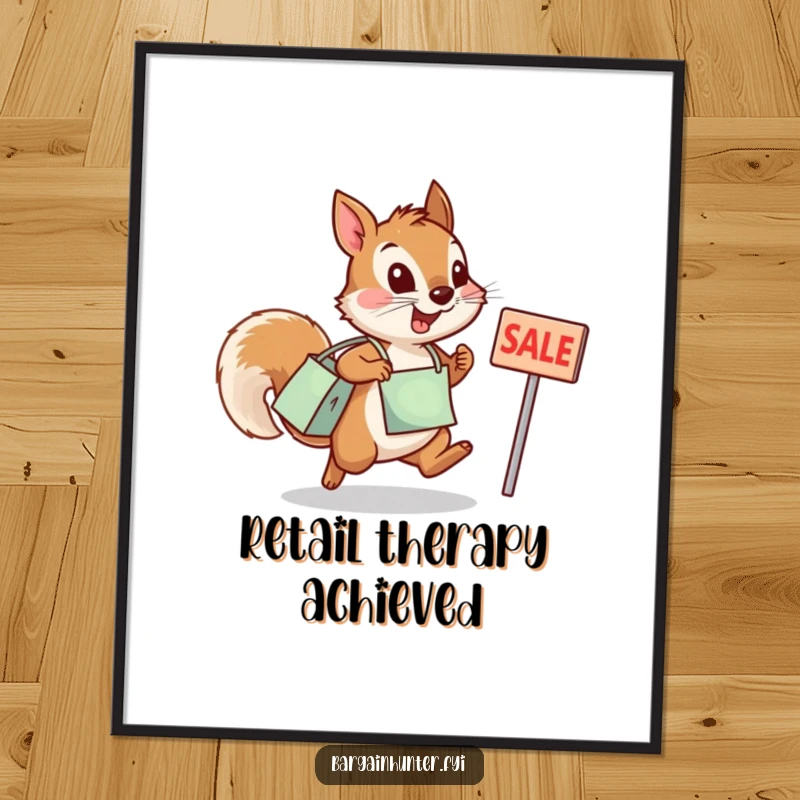 Funny squirrel poster depicting an excited squirrel with a shopping bag leaping towards a sale sign.