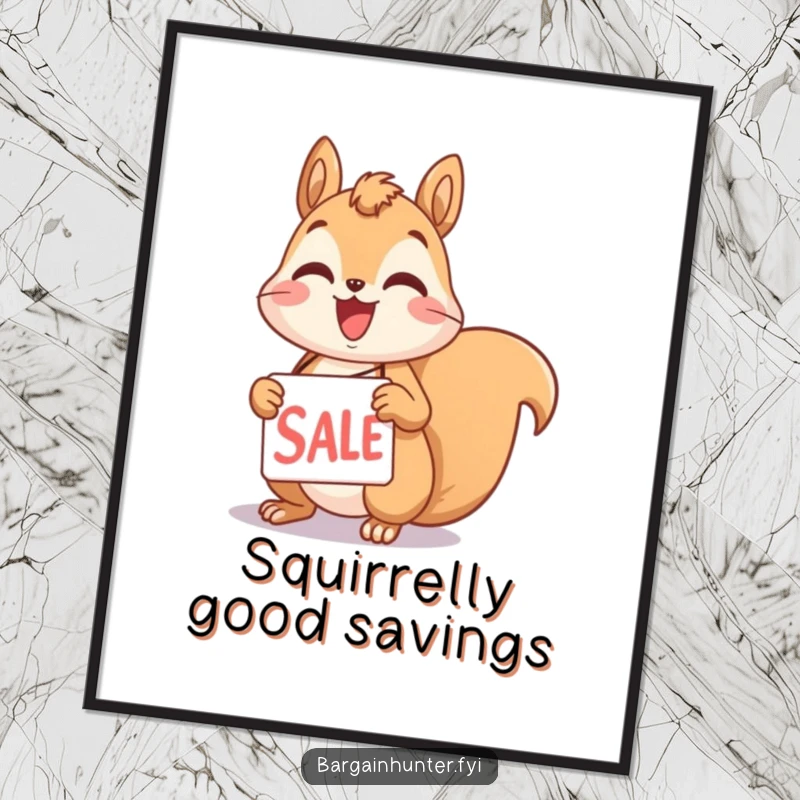 Funny squirrel poster showcasing a delighted character holding a sale tag, perfect for adding humorous shopping decor.