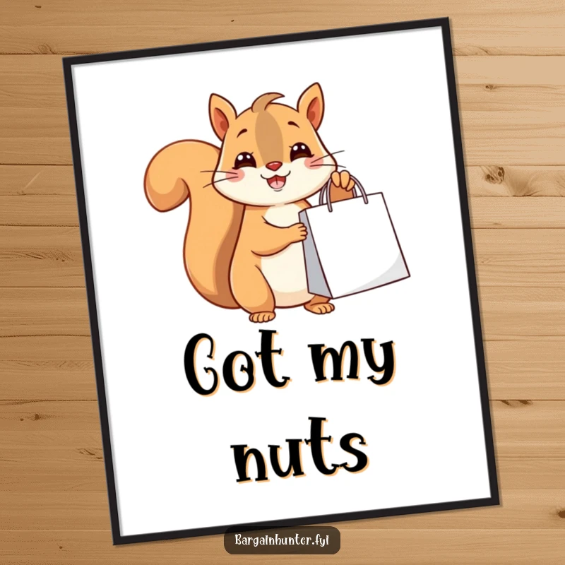 Funny happy squirrel holding a shopping bag, a cute and humorous poster.