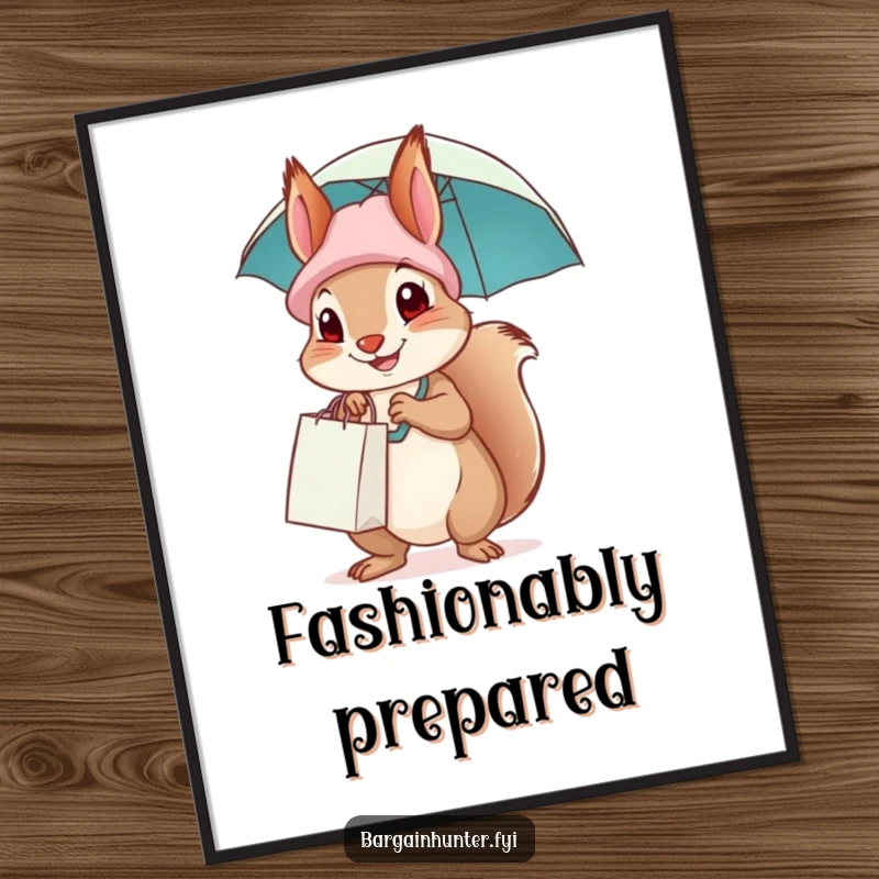 Funny squirrel sporting a shopping bag hat and umbrella, adding a touch of whimsy and humor to any wall.