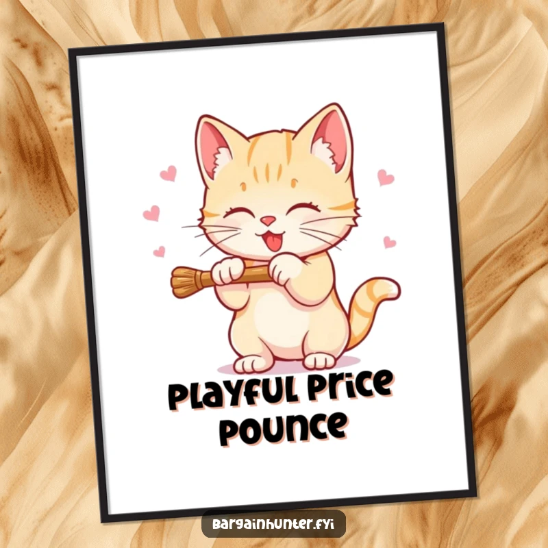 Funny Sweet Kitten Poster featuring a kitten batting at a dangling discount price, adding playful humor to wall decor.