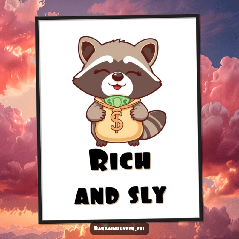 Funny Raccoon Poster: A winking raccoon with a money bag, bringing a humorous and aspirational vibe to any wall decor.