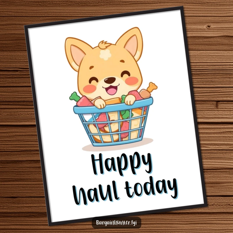 Funny poster art of a smiling dog with a shopping basket stuffed to the brim with dog treats.