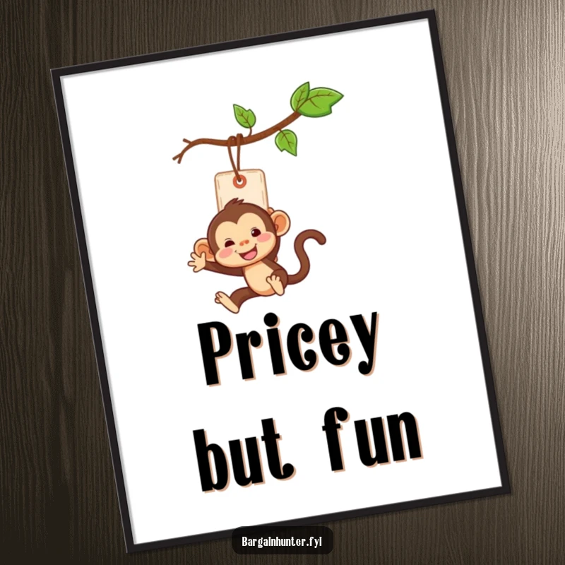 Funny monkey character swinging from a price tag like a vine, whimsical poster art.