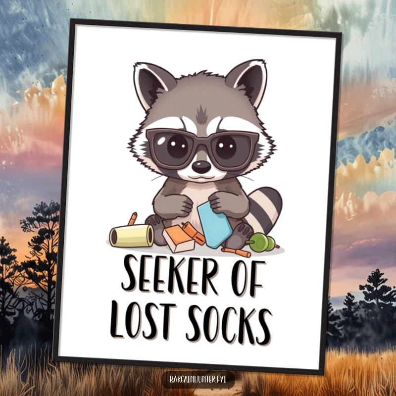 Funny poster showcasing a curious raccoon with oversized spectacles, intensely sifting through a pile of miscellaneous objects, adding humor to decor.