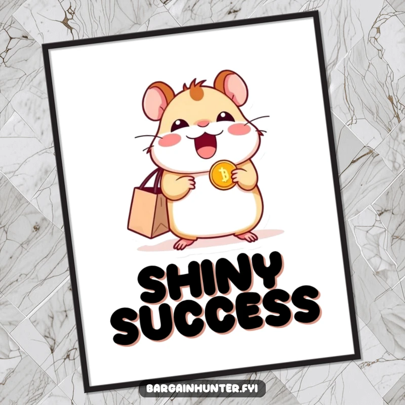 Funny excited hamster poster showing a character with a shopping bag and a shiny coin, celebrating retail success.