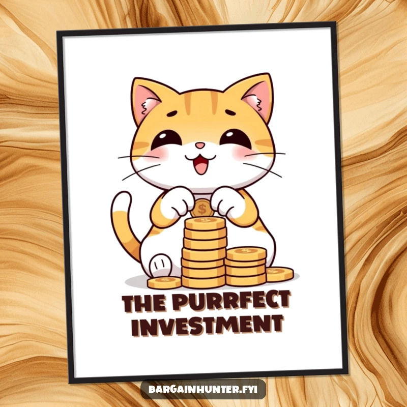 Funny cat poster showcasing a happy character surrounded by a large pile of coins, joyfully counting them for a humorous wall display.