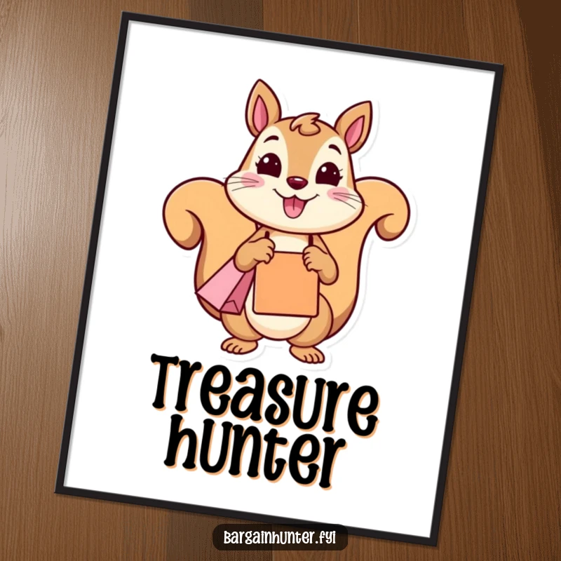 A funny squirrel character smiling while holding a shopping bag, presented as a cheerful funny poster.