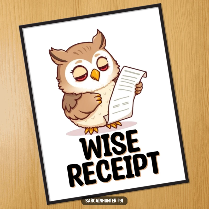 Funny poster of a wise owl character examining a shopping receipt with a knowing expression, bringing smart, humorous art to any room.