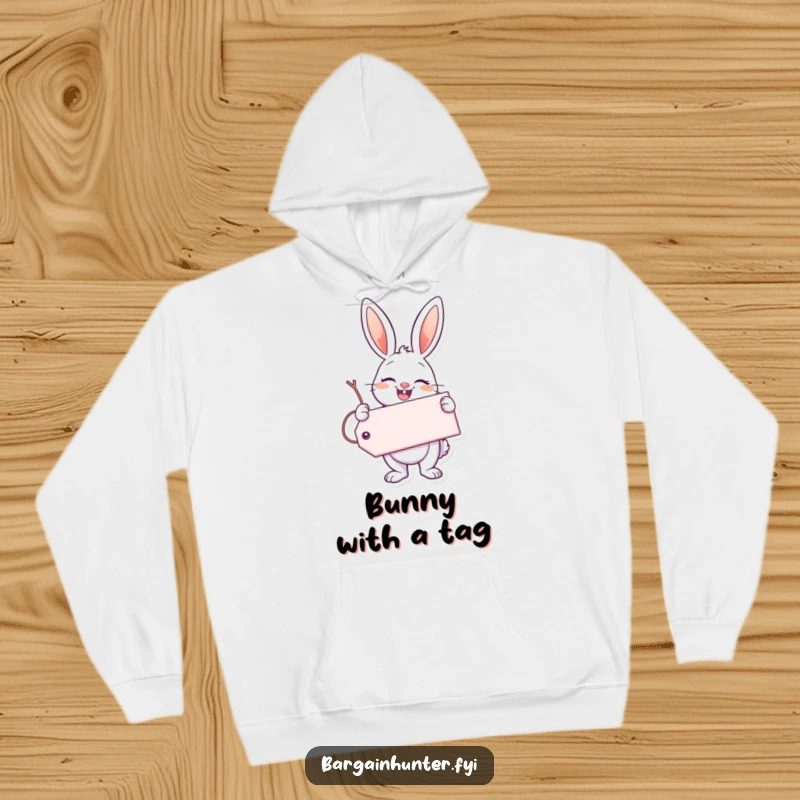 Funny Enthusiastic Bunny Hoodie featuring a bunny with a giant tag and smile, offering cozy comfort and cheerful humor.