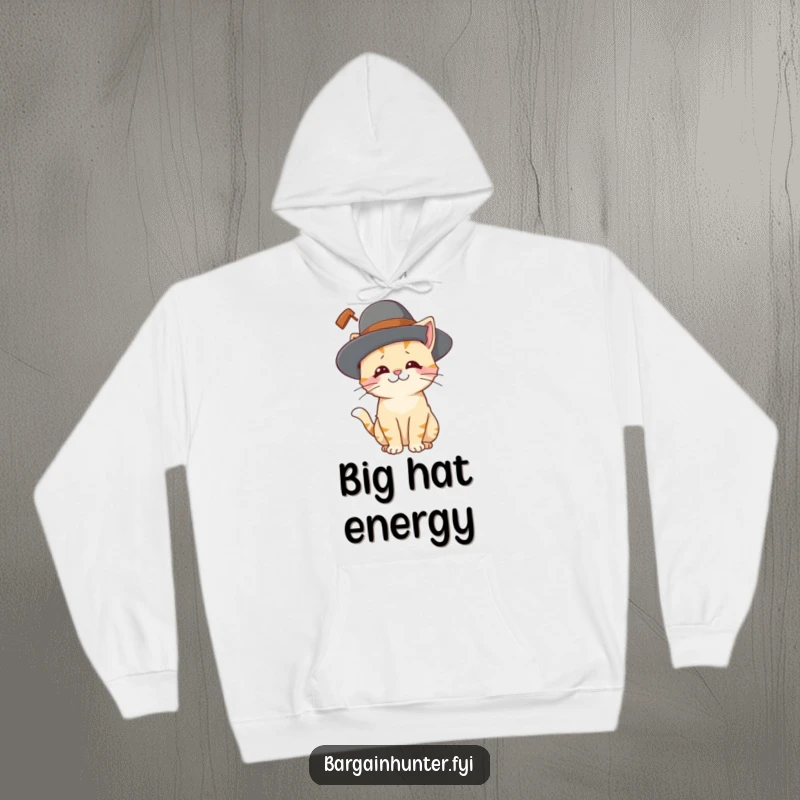Funny cat hoodie featuring a playful cat character looking amused while trying on an oversized hat, perfect for cozying up.