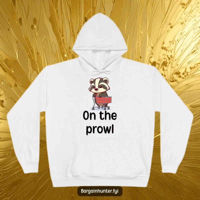 Funny Badger Hoodie: A determined badger holding a shopping trolley, symbolizing focus and resilience in a warm, humorous design.