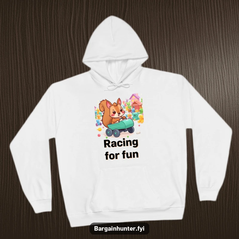 Funny playful squirrel hoodie with a tiny cart, racing through a field of colorful toys, perfect for cozy playtime.