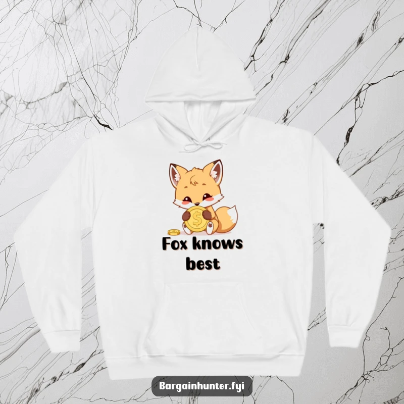 Funny hoodie featuring a cunning fox cub with a hidden coin, offering cozy warmth and a touch of playful, mischievous charm.
