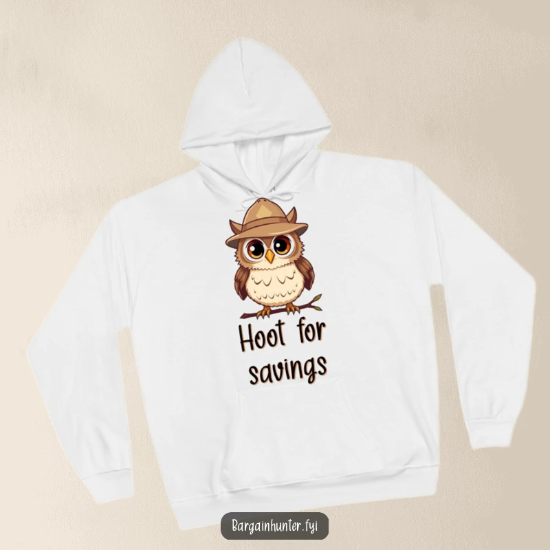 Funny Bargain Hunter Owl Hoodie featuring a curious owl in a hat, designed for spotting deals in ultimate comfort and humor.