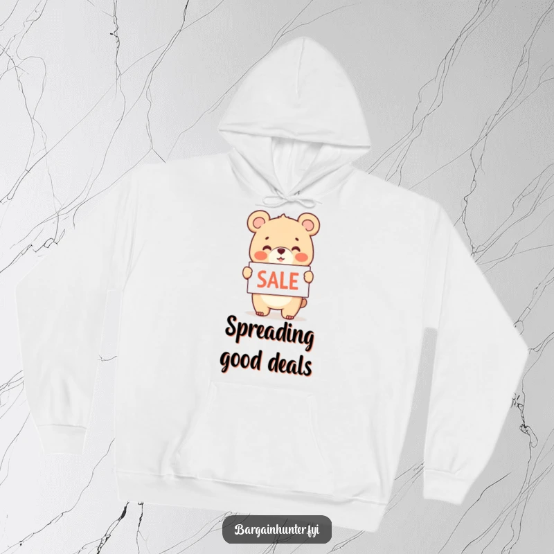 Funny hoodie depicting a cheerful bear cub enthusiastically waving a sale sign.
