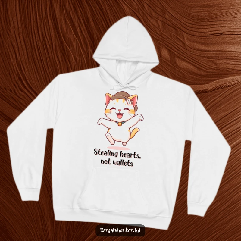 Funny hoodie featuring a delighted cat wearing a price tag hat, captured mid-leap in a comical pose.